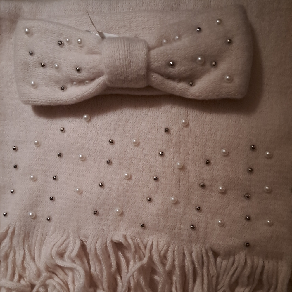 NEW 2 PIECES, CREAMY BEIGE BEADED SCARF & MATCHING HEADBAND
